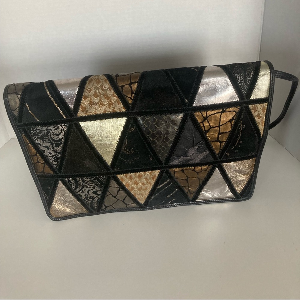 Patchwork Metallic Black and Gold Crossbody Clutch